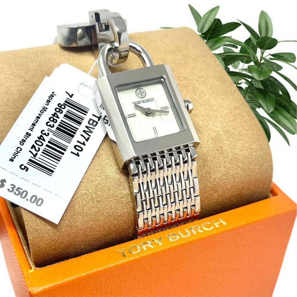 NWT TORY BURCH Surrey Silver-tone Chain Lock Bracelet Watch TBW7101